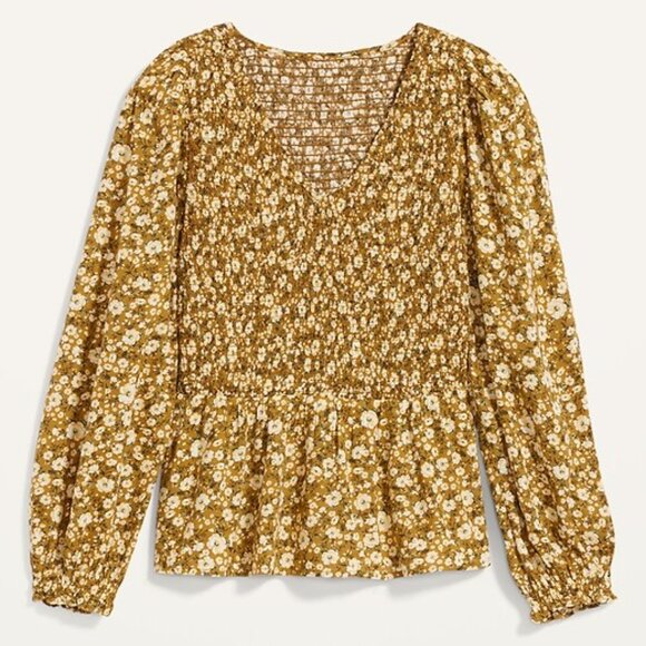 Smocked Long-Sleeve V-Neck Blouse Size L New with Tag - Picture 2 of 6